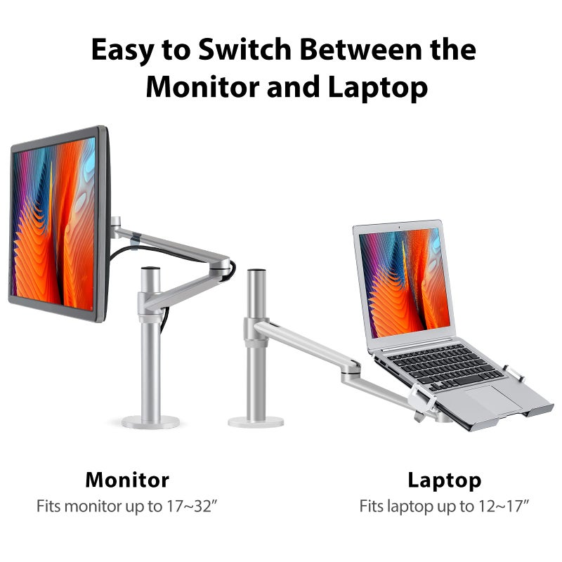 Viozon Laptop/Notebook/Projector Mount Stand,Height Adjustable Single Arm Mount Support 12-17 inch Laptop/Notebook/Tablet, Free Removable VESA 75X75 and 100X100 for Monitor 17-32 inch (Silver) - Image 3